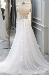 A Line V Neck White Lace Long Prom Dresses, White Lace Wedding Dresses, White Formal Evening Dresses